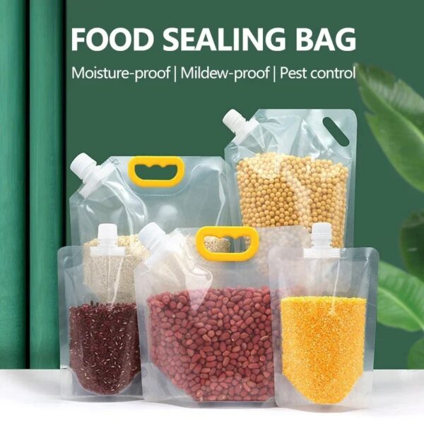 Airtight Grain Storage Bag Set (5 Pcs) – Food Containers with Handle & Funnel for Rice, Wheat & Beans (1kg–2.5kg)